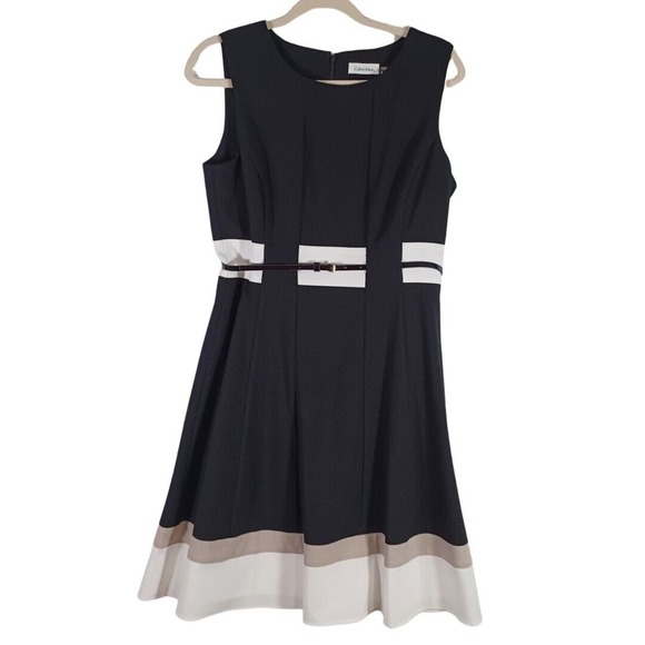 Calvin Klein Dresses & Skirts - Calvin Klein Size 8 Belted Fit & Flare Dress Sleeveless Colorblock Black White